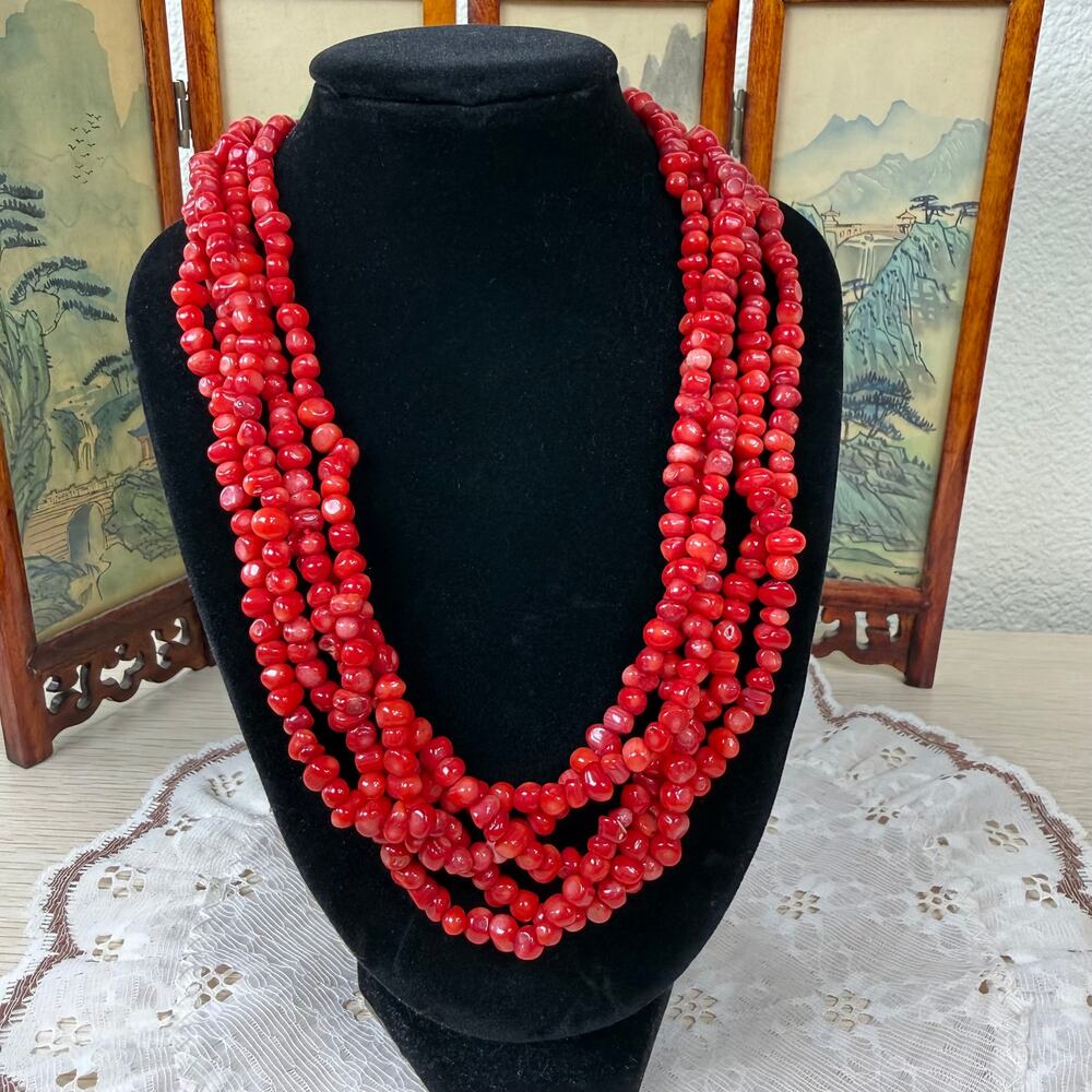 Lucas Lameth LUC 925 Sterling Red Coral Nugget Multi Strand Statement Necklace